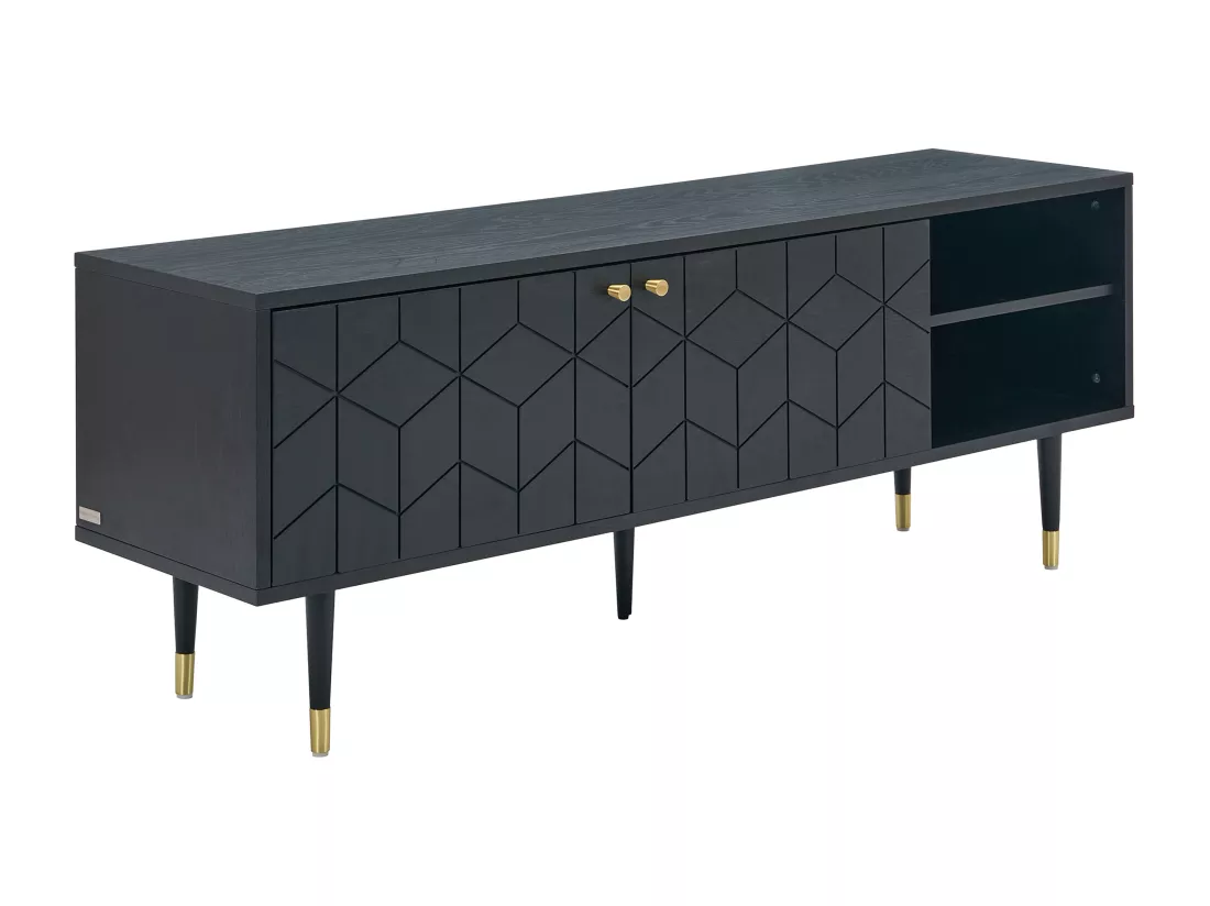 Meuble TV avec 2 portes et 2 niches placage chêne - Noir et doré - PARIOMA