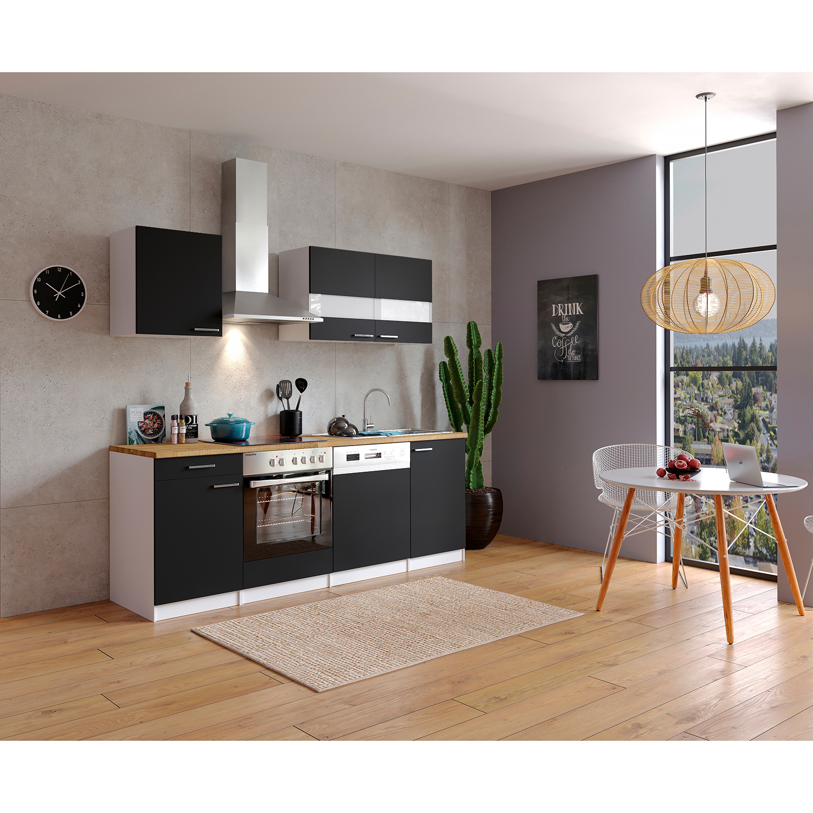 RESPEKTA Küchenblock - schwarz - mit E-Geräten - 220 cm