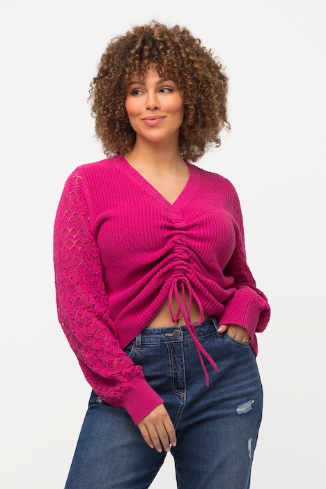 Pullover, Raffband, Patentstrick, V-Ausschnitt, Langarm