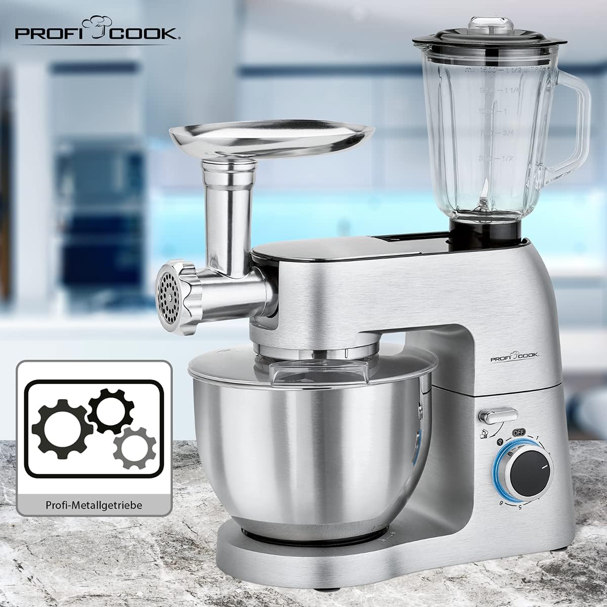 ProfiCook Knetmaschine | Universalküchenmaschine | 3in1 | 8 Geschwindigkeitsstufen | 1500 Watt | 6,7 Liter Edelstahlschüsse | Glas Mixer 1,5 Liter | Fleischwolf | Beleuchteter Drehregler | PC-KM 1189