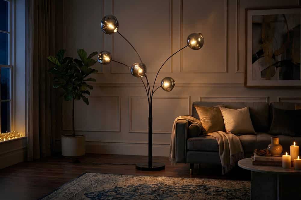 Design Stehlampe LIQUID DIAMOND 200cm schwarz smoke grau fünf Glasschirme mit Marmorfuß