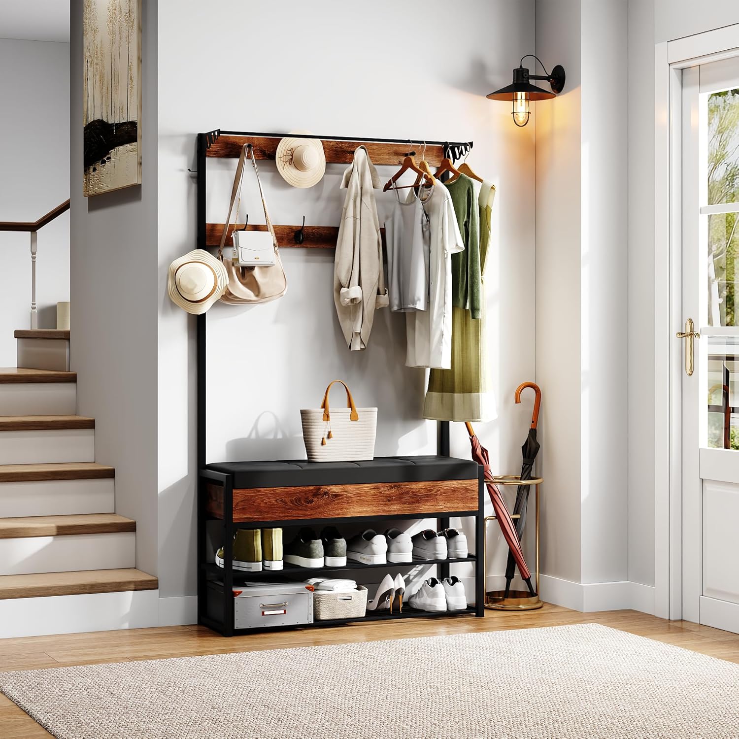 Garderobenständer mit Sitzbank, Garderobenständer mit Schuhablage, 12 Doppelhaken und Offenem Stauraum, Garderoben-Set für Flure, Schlafzimmer und Wohnzimmer, 175 x 30 x 100 cm, Dunkelbraun