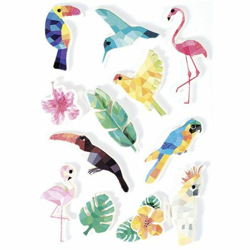 24 stickers 3d oiseaux tropicaux 6 cm
