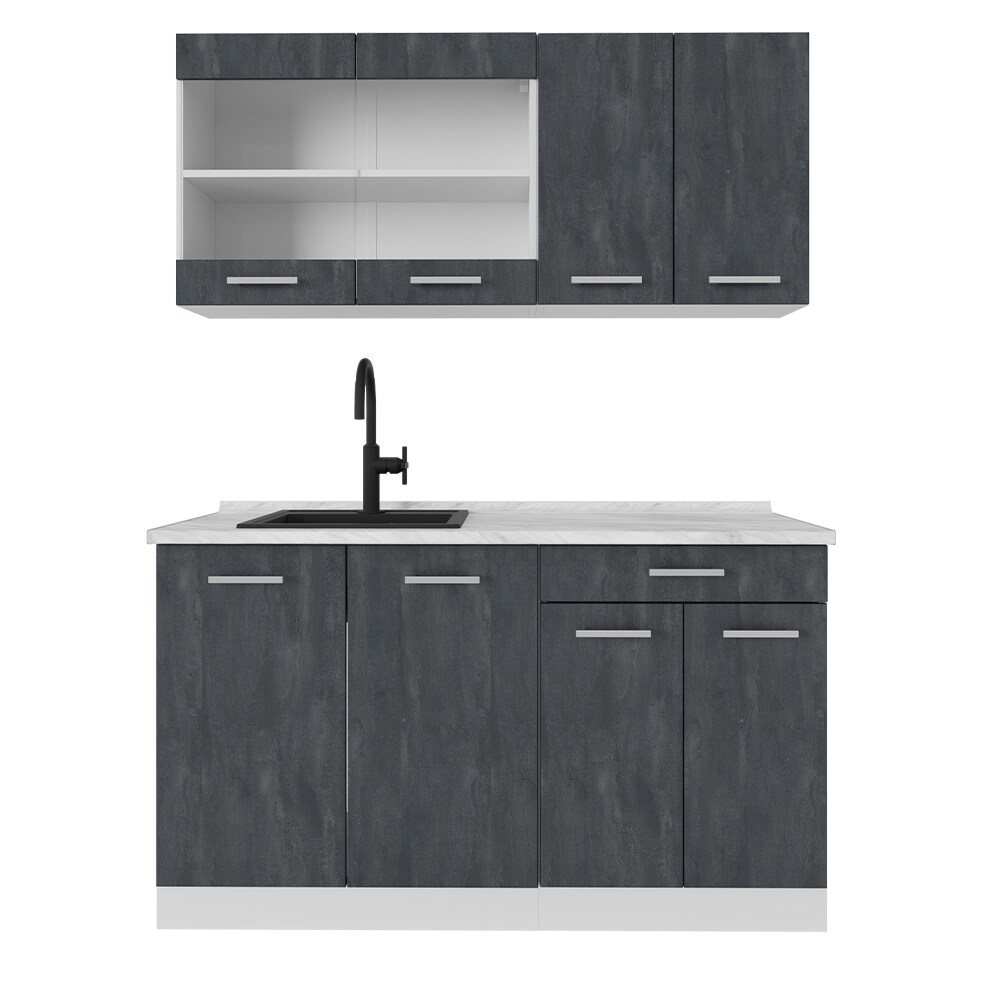 Vicco Singleküche R-Line 140 cm Schwarz Beton Weiß ohne Arbeitsplatte