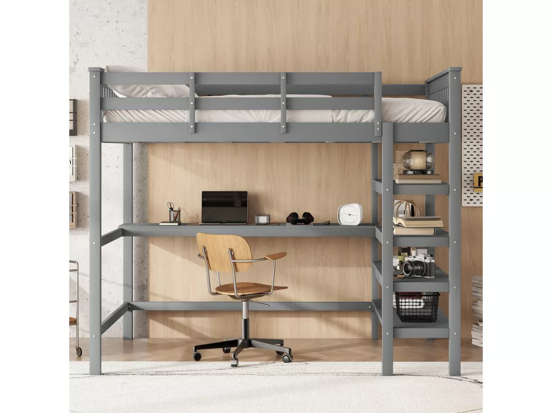 Lit mezzanine 140x200cm en bois - avec bureau et étagère de rangement - Gris
