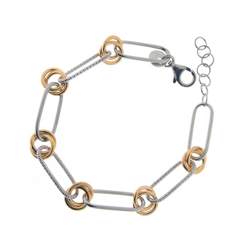 Bracelet Argent Doré Et Argent Grosse Maille Et Double Cercle Lisse Et Diamanté