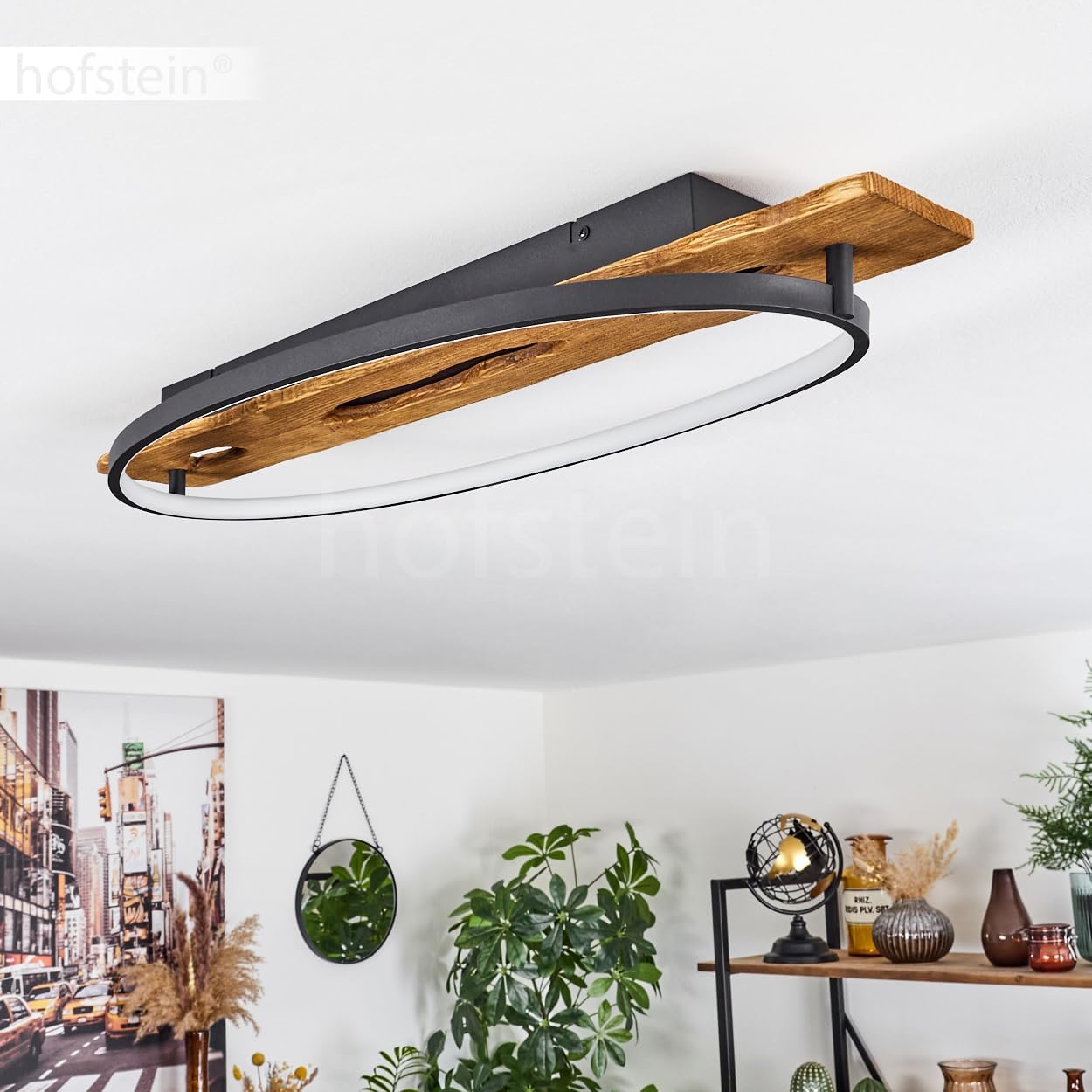 LED Deckenleuchte Nevogilde, moderne Deckenlampe aus Metall/Holz/Kunststoff in Anthazit/Natur/Weiß, Leuchte 1-flammig im skandinavischen Design mit Holzbalken, 2400 Lumen, 3000 Kelvin, LED 20 Watt
