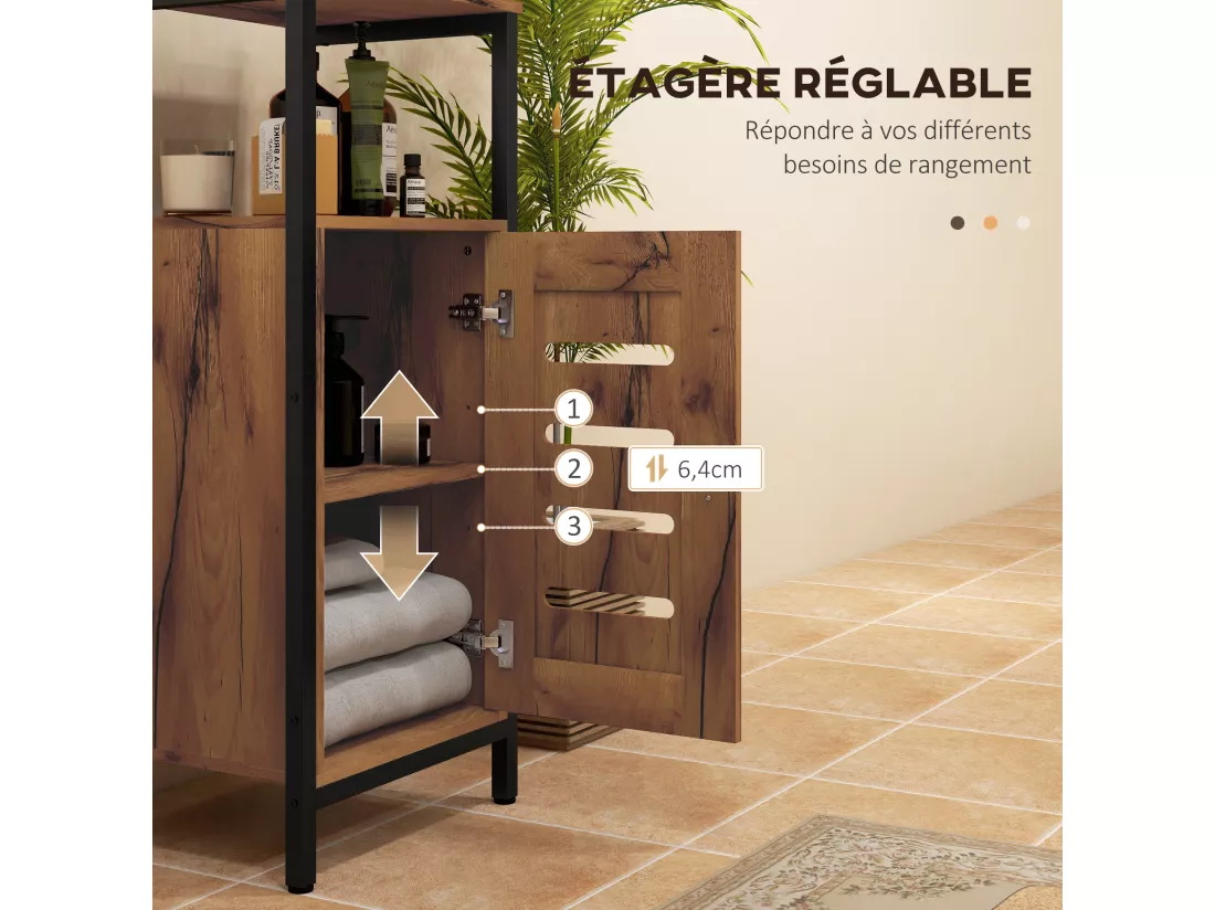 Meuble bas de salle de bain avec porte, armoire de toilette structure en acier, meuble colonne sur pied avec niche ouverte et étagère réglable, 37 x 30 x 85 cm, brun rustique