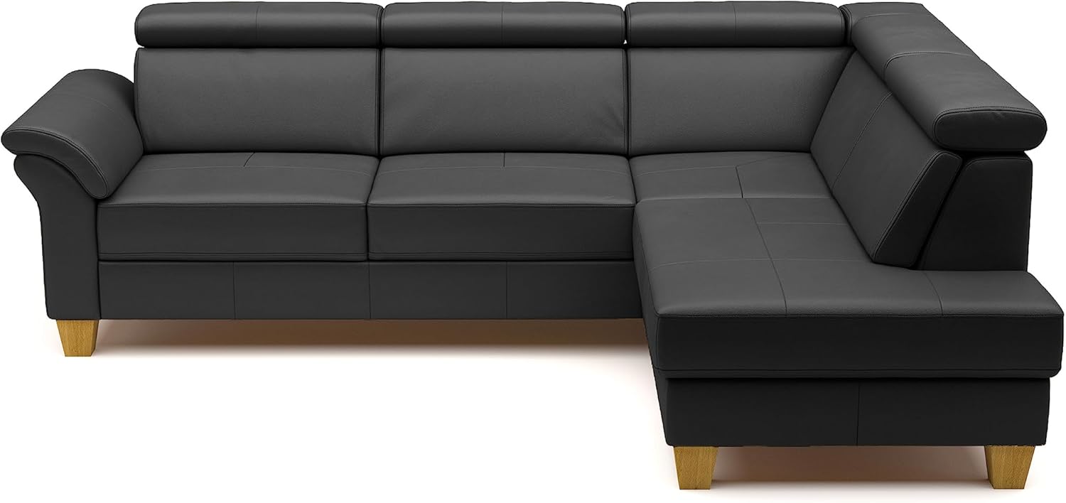 CAVADORE Leder-Ecksofa Ammerland mit Ottomane / Landhaus-Sofa mit Federkern + Kopfteilverstellung / 245 x 84 x 194 / Leder Schwarz