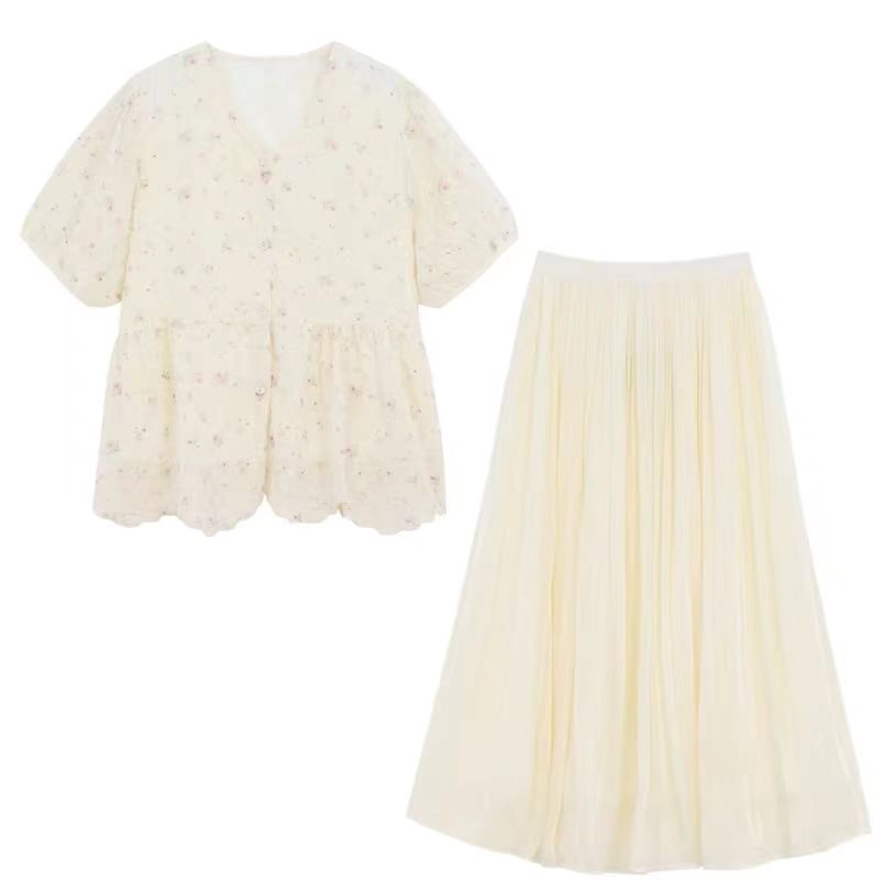 Levsayte - Zwangerschapsblouse met pofmouwen, V-hals en bloemenpeplum / Hoge taille effen maxi-A-lijn rok / Set