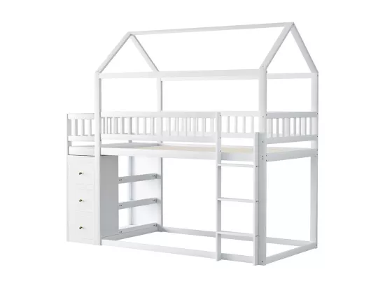 Lit enfant superposé 90 * 200 cm, avec casiers et étagères, lit bas avec échelle, blanc