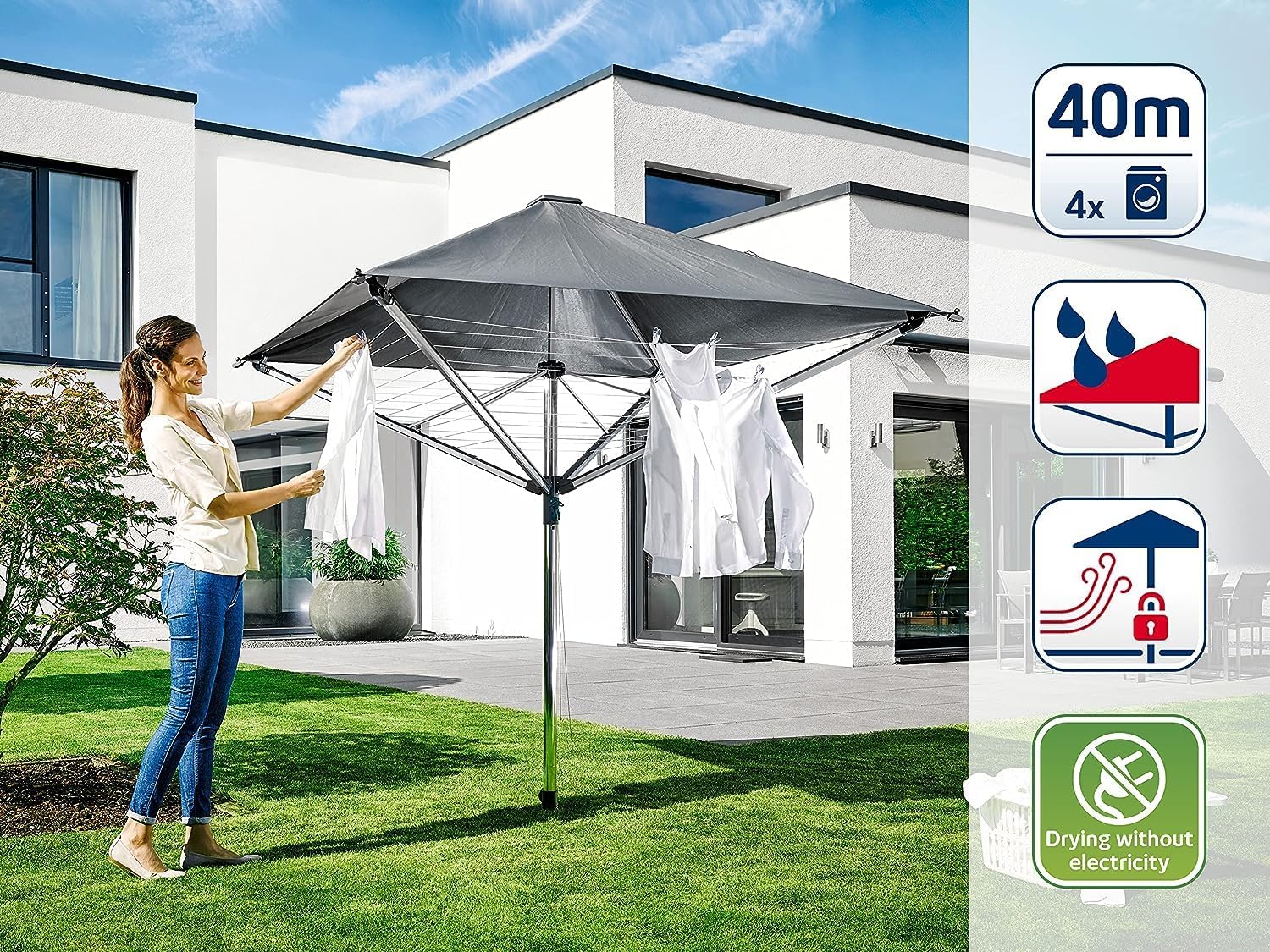 Leifheit Séchoir parapluie LinoProtect 400, étendoir parapluie pour extérieur avec toit étanche, séchoir à linge inclus 8 œillets pour cintres & douille de sol