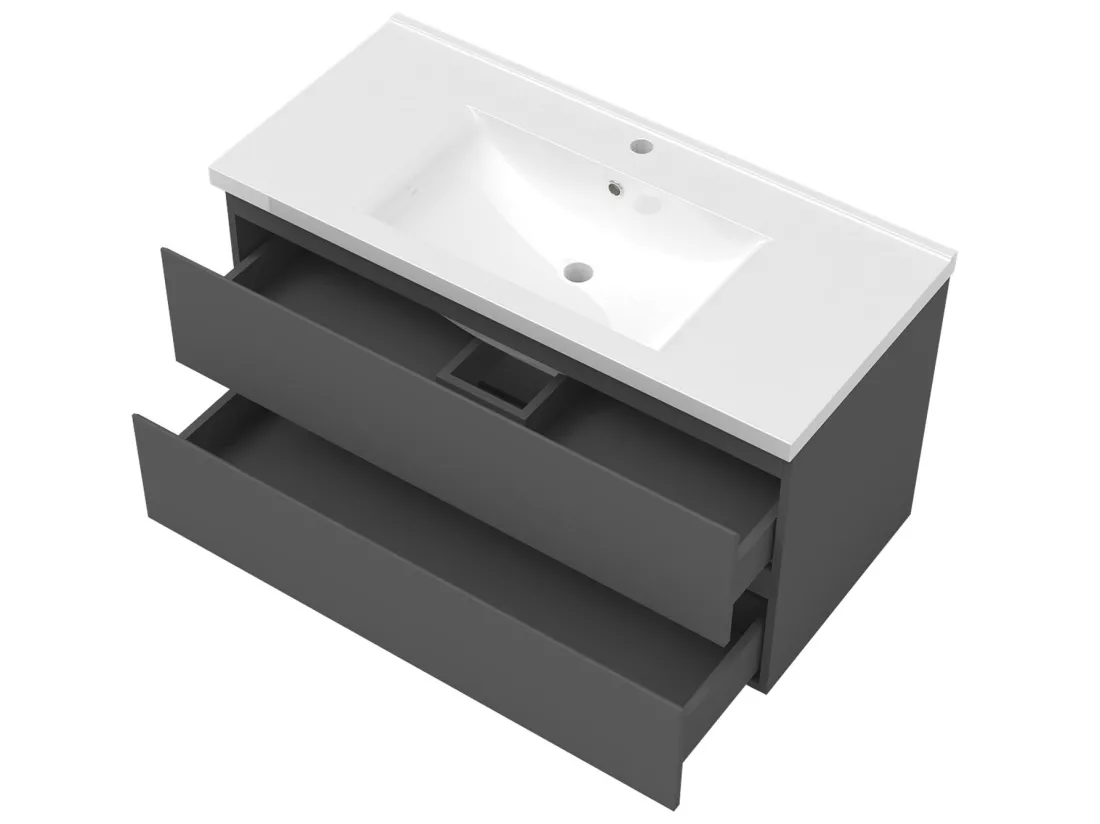 Meuble salle de bain simple vasque 100cm Anthracite meuble acve rond miroir - Aica