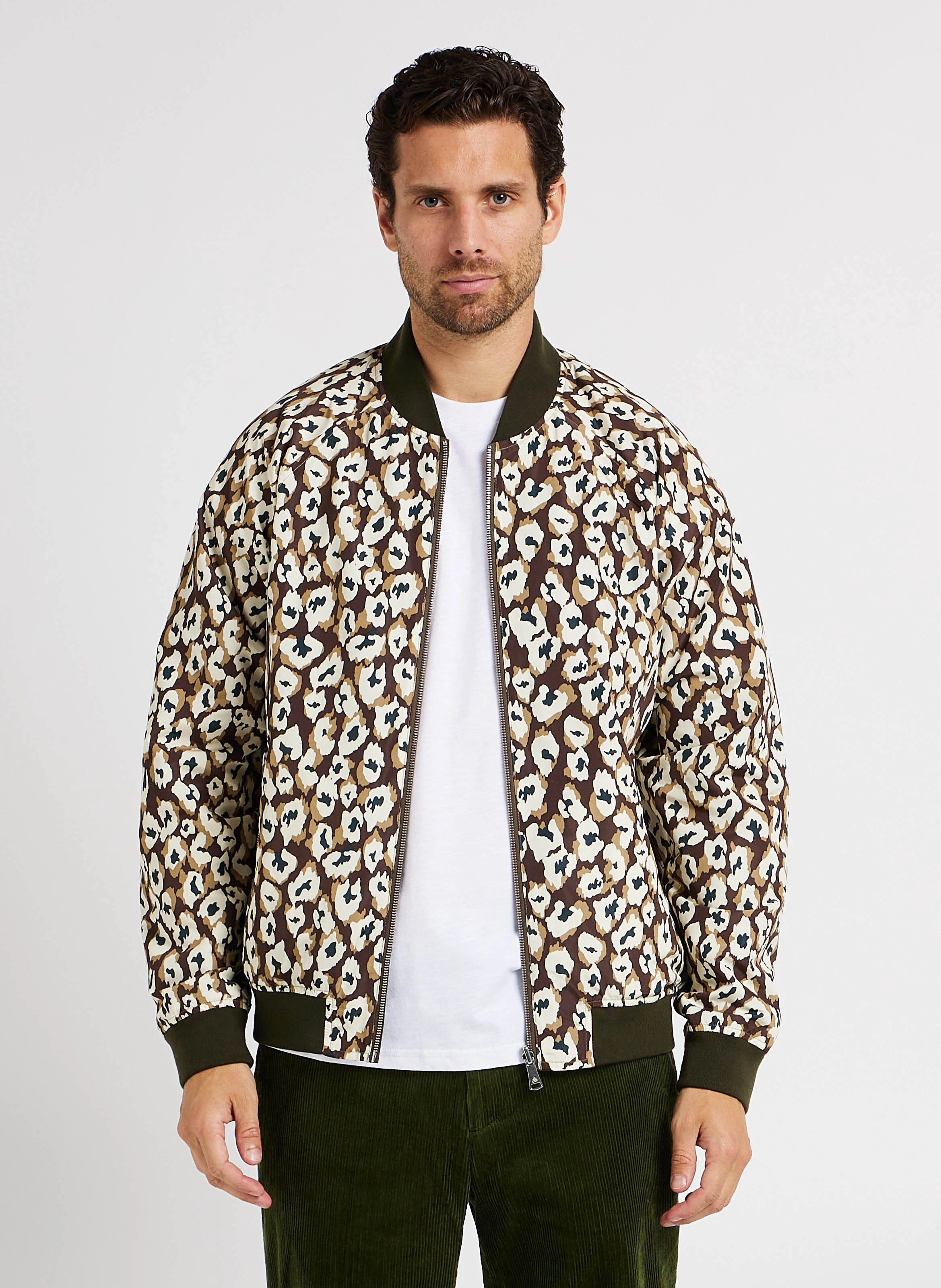 Blouson col rond à imprimé léopard réversible | Kaki