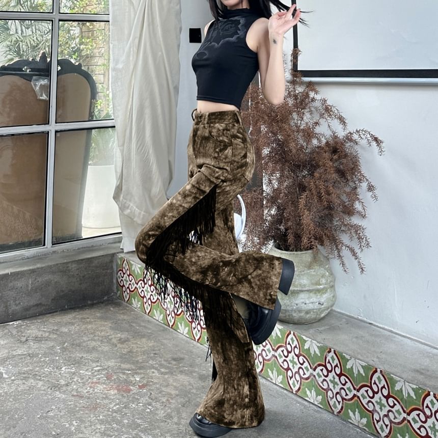 Kilokane - Hoge taille tie-dye broek met franjes en splitten