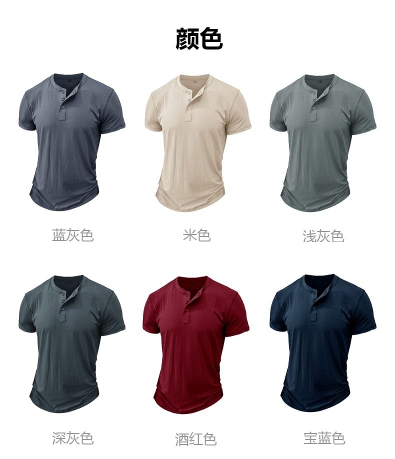 Dubbel Wit - Henley effen T-shirt met korte mouwen