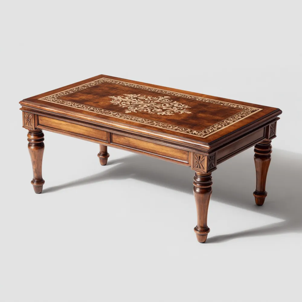 Klassischer Couchtisch Massivholz Intarsien-Look 110x60x45 cm