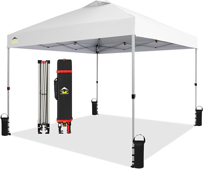 Crown Shades 10x10 Pop up Canopy Outside Canopy, Patented One Push Tent Canopy with Wheeled Carry Bag, Bonus 8 Stakes and 4 Ropes, White