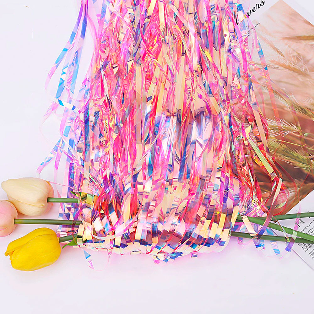 (2x1m) Party Deko Holographischer Lametta Vorhang Glänzender Fransen Vorhang Foto Hintergrund - Pink