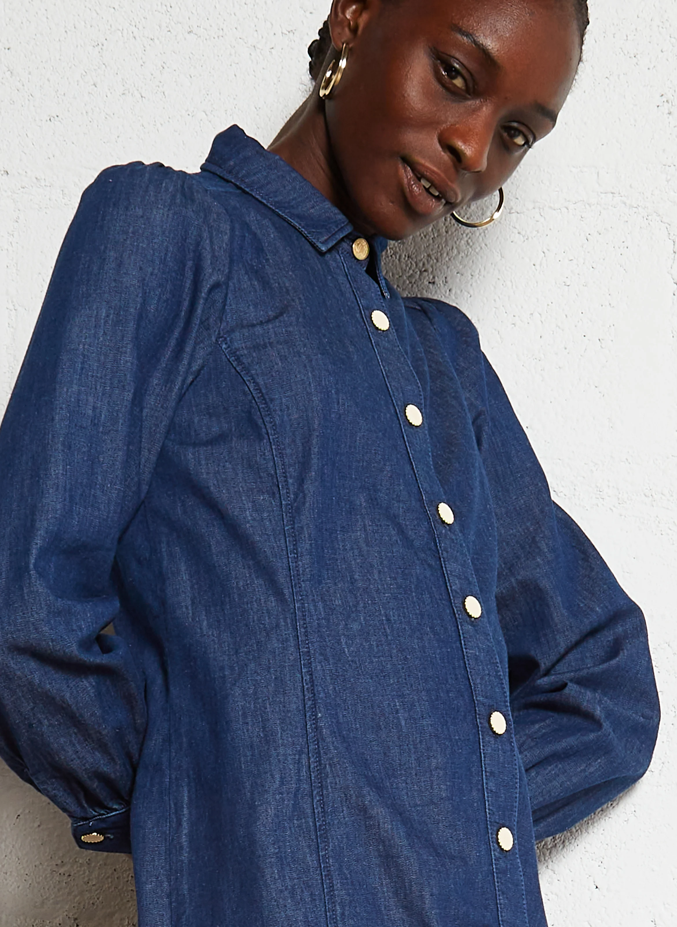 Robe chemise denim en coton| Bleu