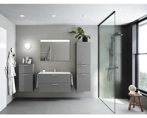 Badkamermeubelset NOBILIA Programma 2 BxHxD 210 x 169,1 x 48,7 cm, fronten hoogglans grijs, met wastafelmeubel wit en spiegel met ledverlichting, halfhoge kast, onderkast, greep mat chroom, 269