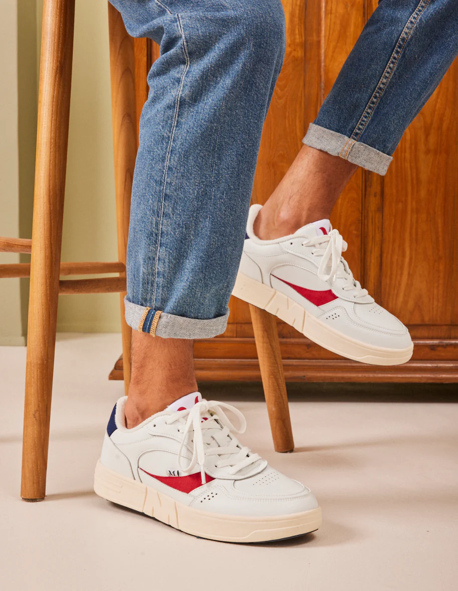 Baskets basses Aimé - Cuir recyclé et suède vegan blanc rouge marine