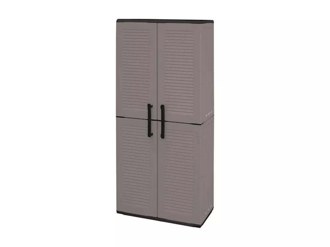 Armoire d'extérieur Geel, Armoire porte-balai polyvalente, Armoire d'extérieur 2 portes, 100% Made in Italy, Finition rayée, 68x37h163 cm, Gris et Noir