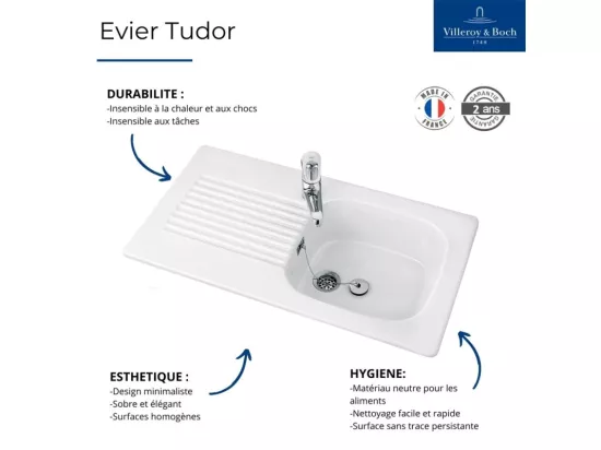 VILLEROY ET BOCH Evier 1 bac Tudor avec Mitigeur cuisine bec haut Logis
