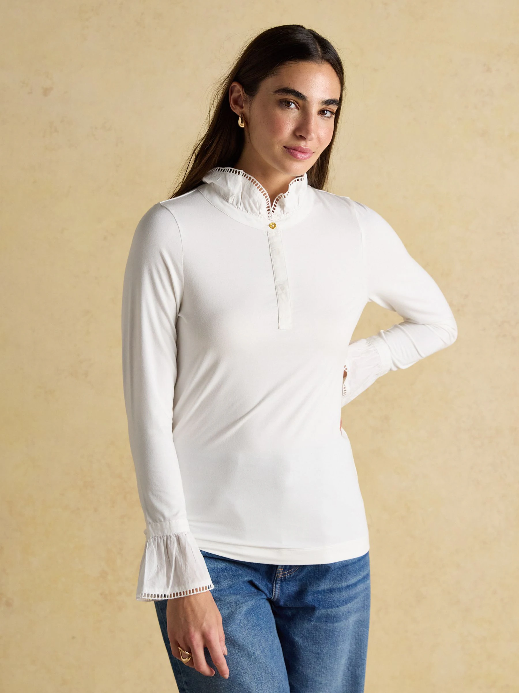 Wit - Joules Kate Lange Mouw Top met Ruches aan de Hals