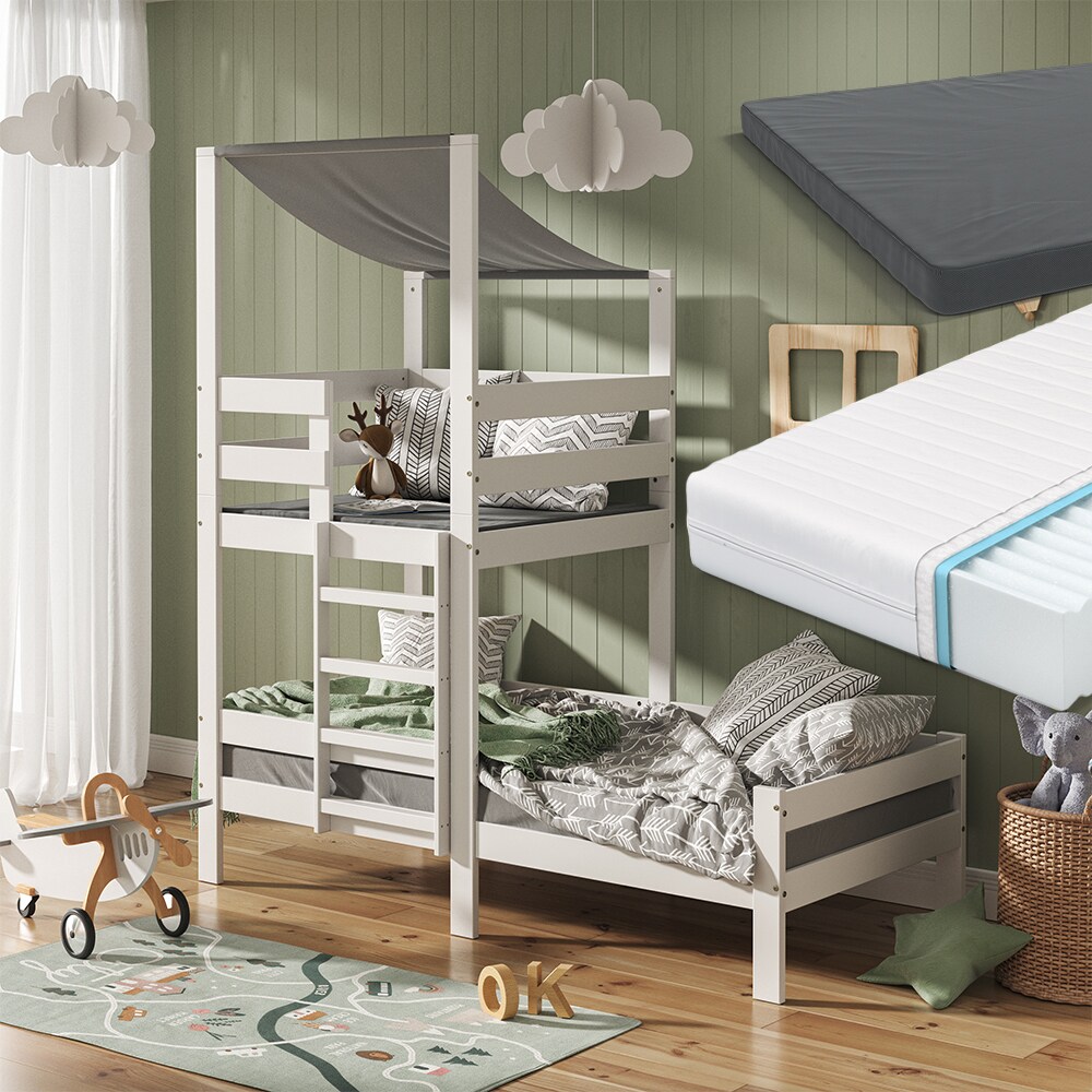 VitaliSpa Spielturmbett Kinderbett Spielbett Tom Weiß modern 204x218 cm Massivholz Kinderzimmer Lattenrost Bettleiter Bett Schublade Matratze Abenteuerbett Kletterbett