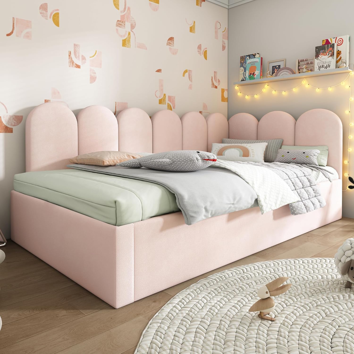 Polsterbett Tagesbett 90x200 Einzelbett mit Ausziehbett 90x190 cm, Kinderbett Jugendbett Daybett Gästebett Schlafsofa Sofabett Bettgestell mit Lattenrost aus Metall, Ohne Matratze, Samtstoff, Rosa