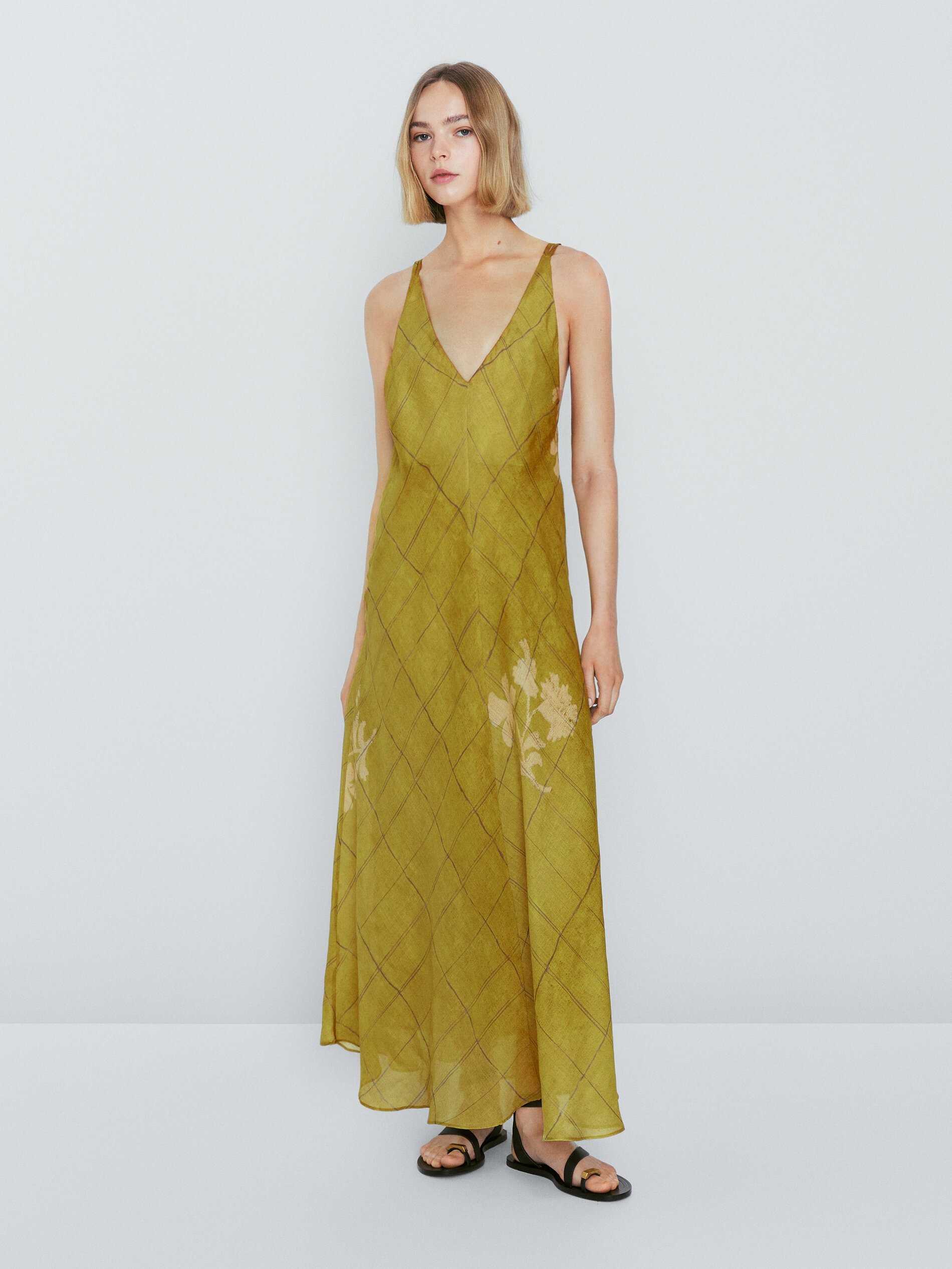 Vestido longo xadrez com alças finas - OLIVA