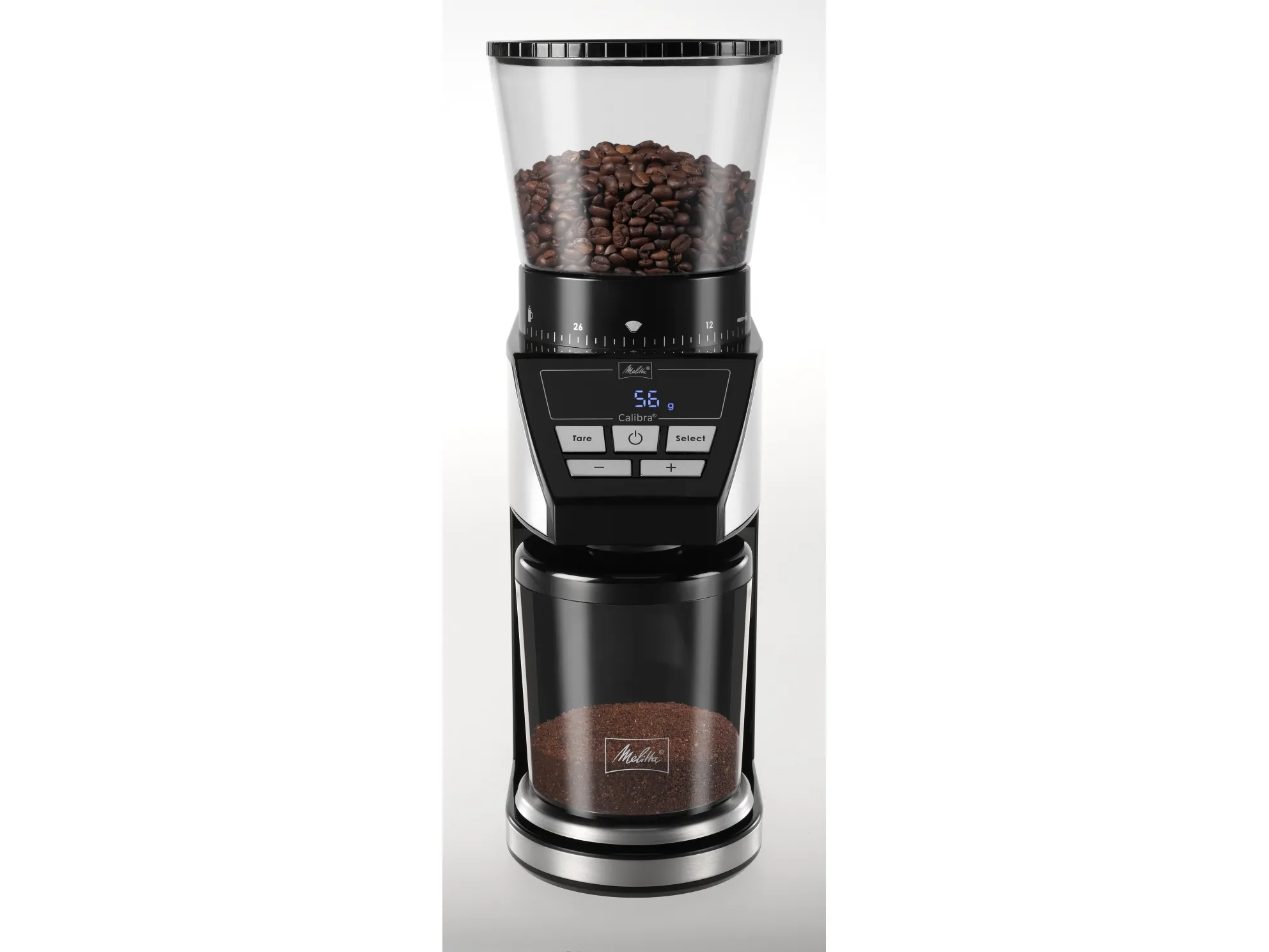 Melitta 1027-01, Burr kværn, 375 g, Konisk møtrik, LCD, Sort, Rustfrit stål, 160 W