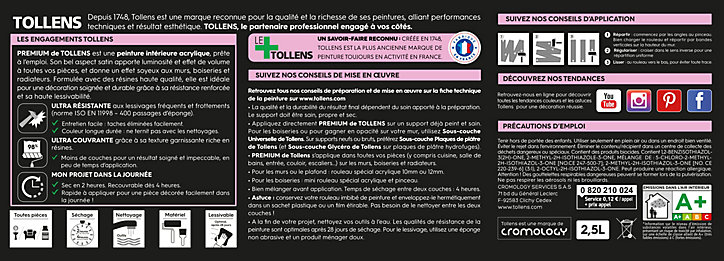 Peinture Tollens premium murs, boiseries et radiateurs rose millennials satin 2,5L