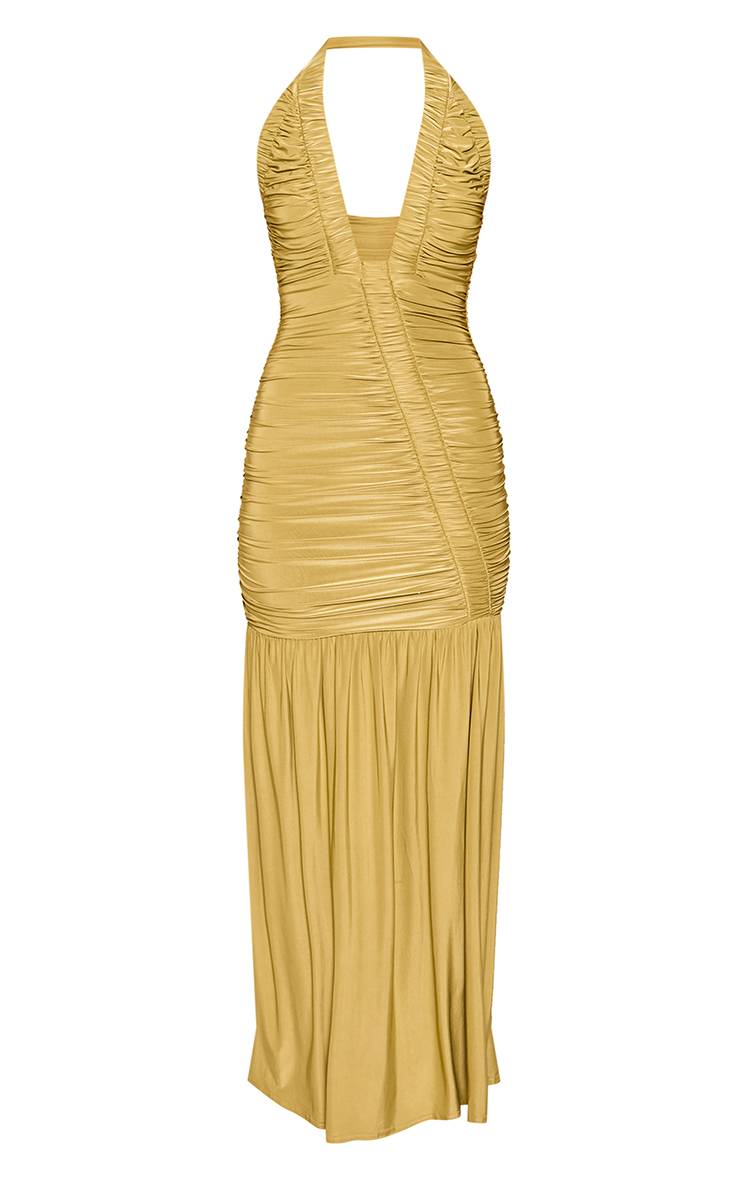 Vert Olive Robe Longue Dos Nu Froncée Col Licou En Jersey Fluide