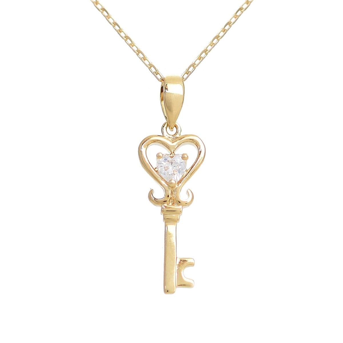 Collier clé coeur d'oxyde de zirconium Plaqué OR 750 3 microns