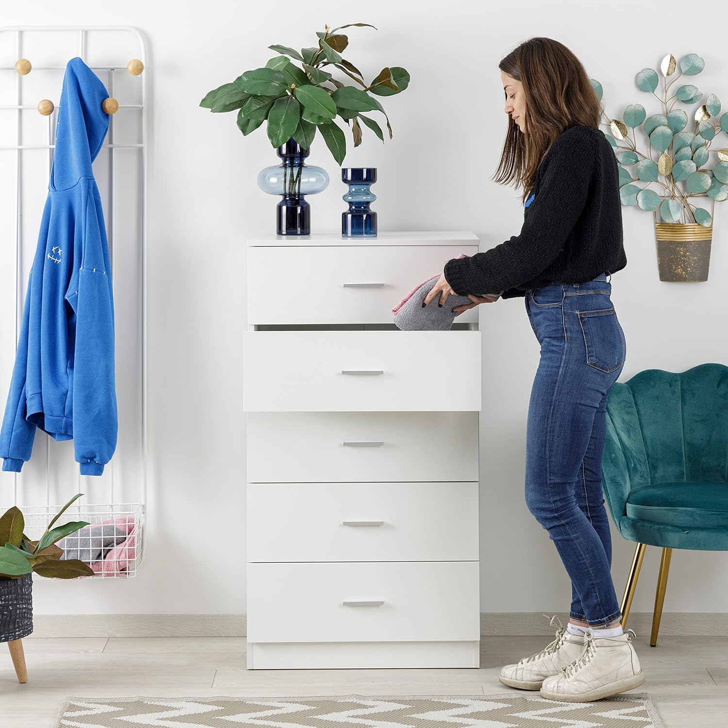 Baroni Home Kommode 5 Schubladen aus Melamin, Schrank für Schlafzimmer oder Wohnzimmer, moderner weißer Schrank 60x40x110 cm