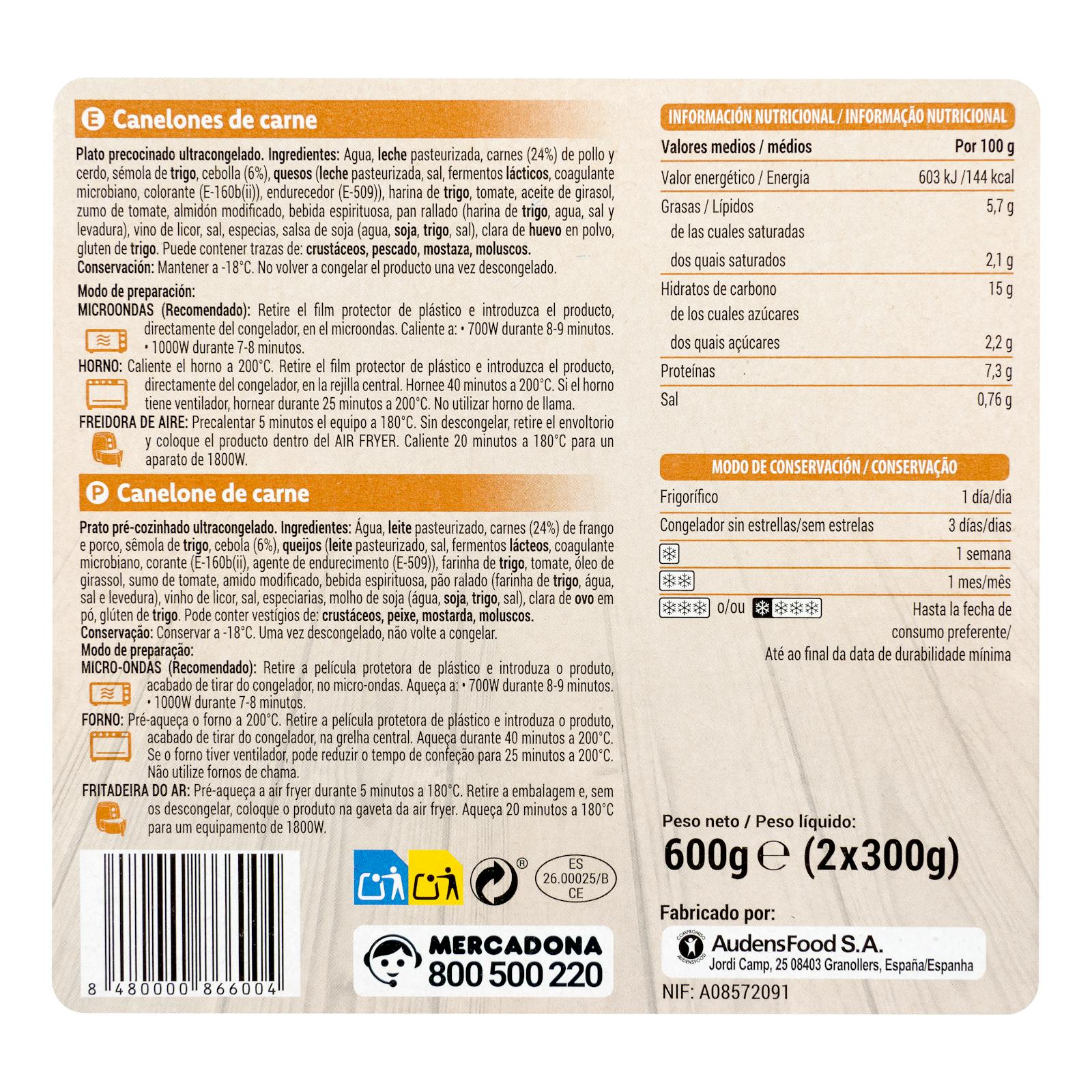 Cannellonis à la viande surgelés Hacendado