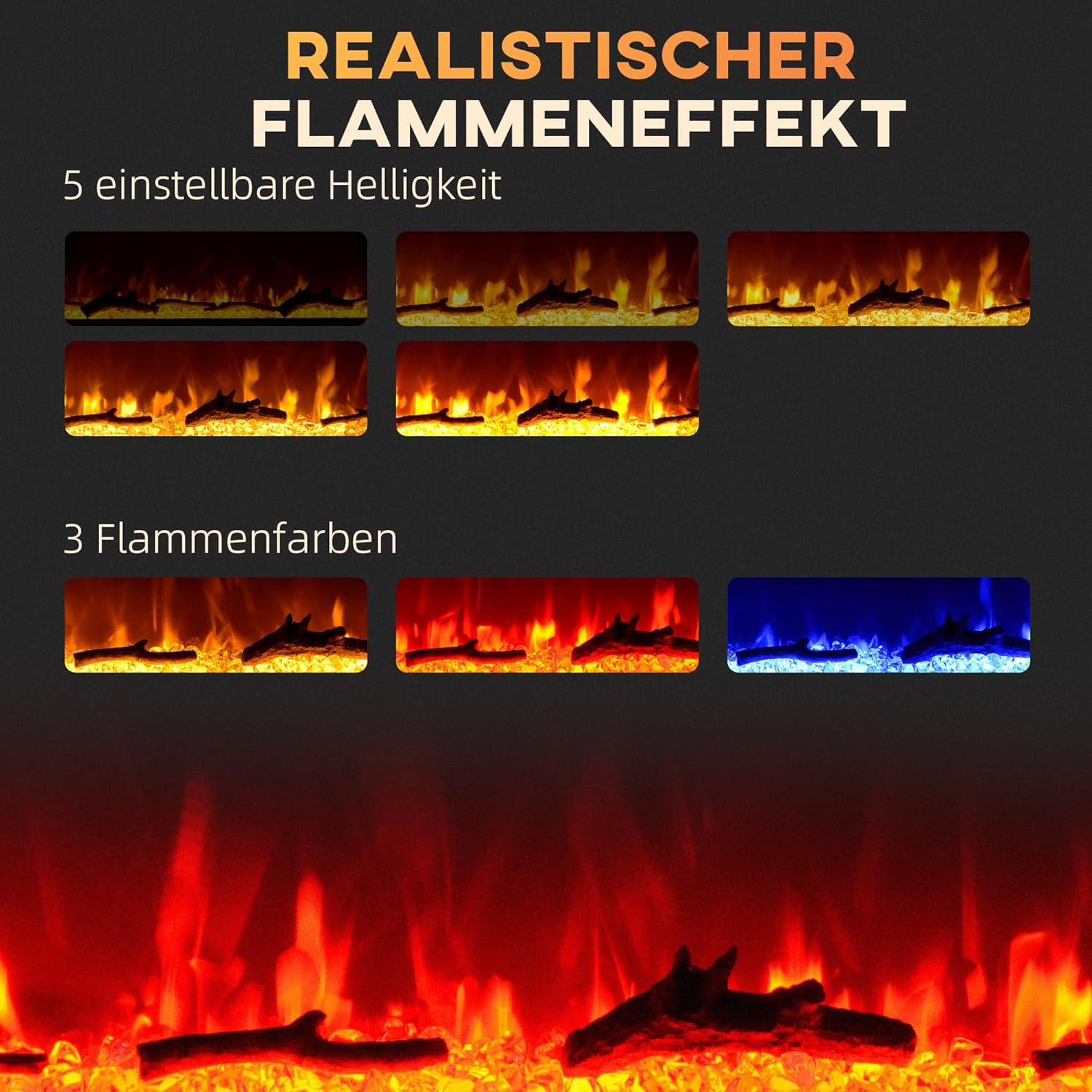 HOMCOM Elektrokamin, Wandkamin mit Heizung 1800 W, LED 3D-Flammeneffekt, Kristalle, in 3 Farben mit 5 Helligkeitsstufen, Elektrischer Kamin mit Fernbedienung, Timer, Touchscreen, Wandmontage, Schwarz