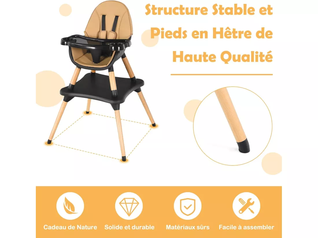 4 en 1 Chaise Haute Bébé Convertible Plateau Réglable en 4 Etapes-Peut être Démonté en une Table et une Chaise avec Coussin Amovible,Repose-Pieds pour Bébé 6 Mois-3Ans Charge 15KG (Café)