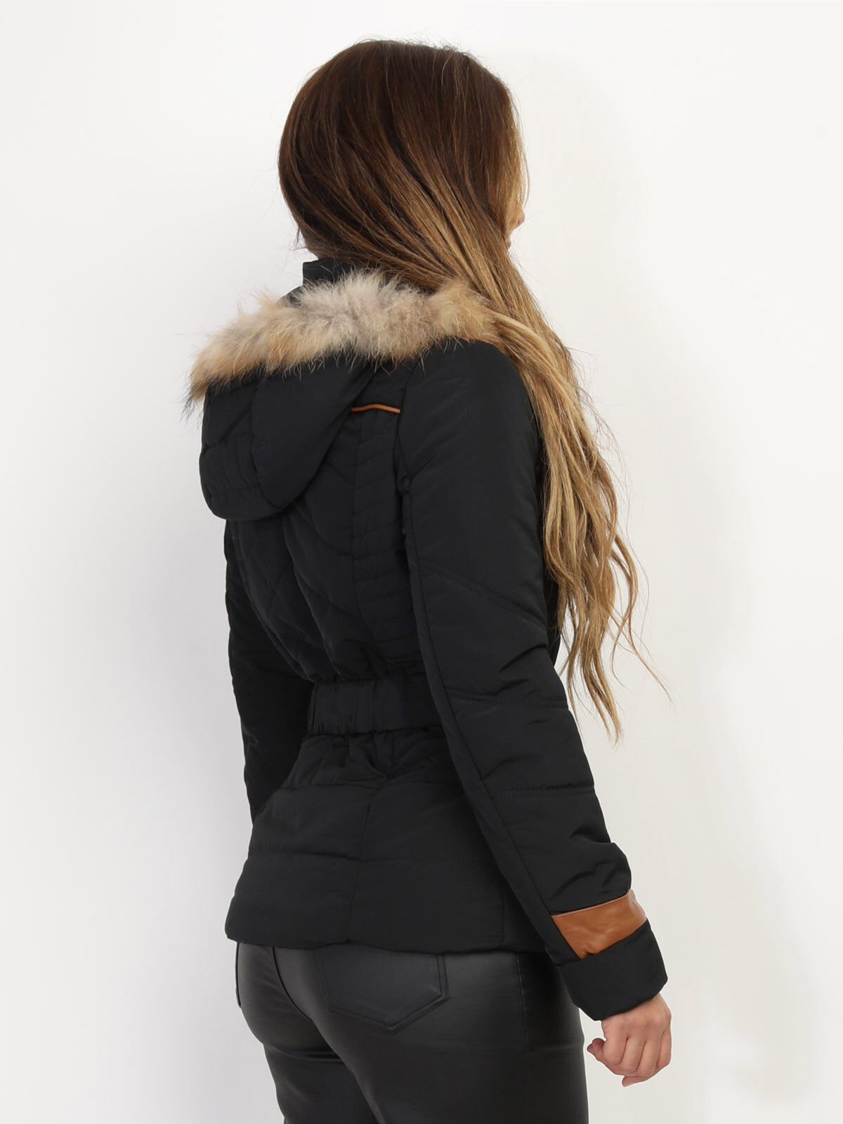 Manteau bi-matière ceinturé à capuche- Noir