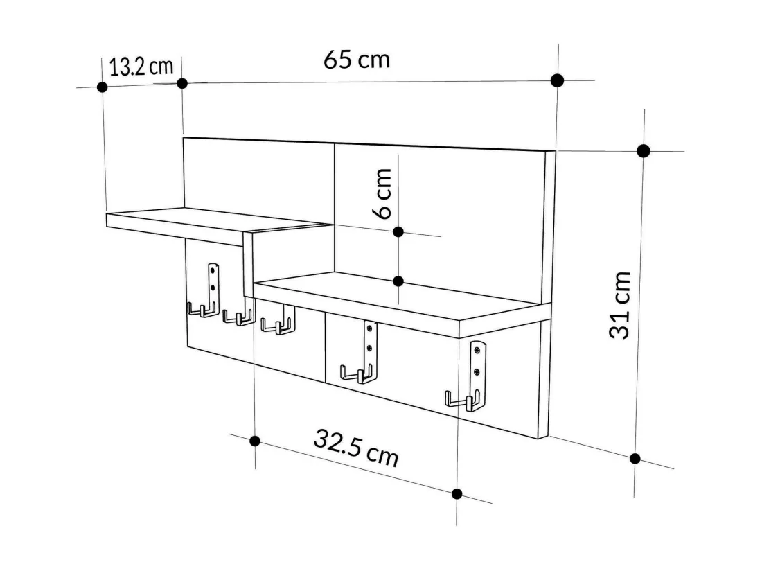 Portemanteau Doristani, Portemanteau, Porte-vêtements polyvalent, Cintre mural, 65x15 h31 cm, Chêne et Blanc