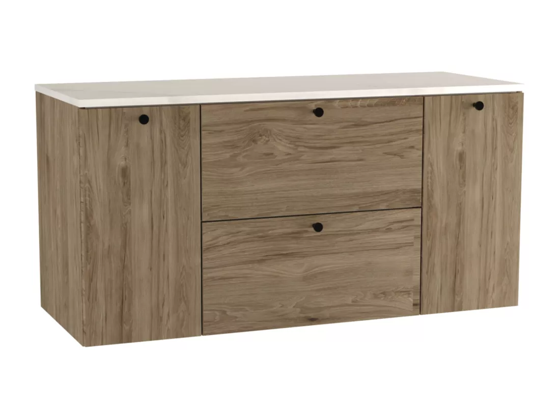 Meuble lavabo WENA, avec 2 portes et 2 tiroirs, fronts lisses, Beti, 120x60x47 cm, Noyer foncé/Marbre Bianco