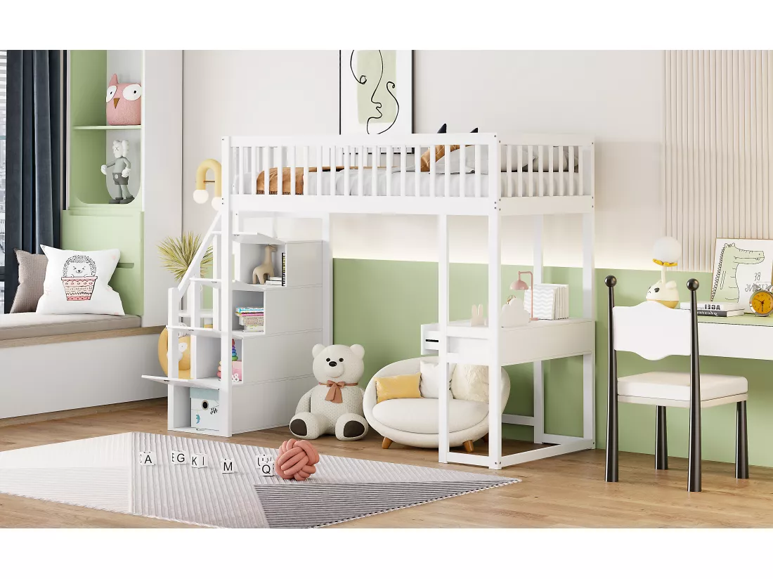 Lit mezzanine 90 x 200 cm avec avec bureau & 6 tiroirs - bois MDF - blanc (sans matelas)