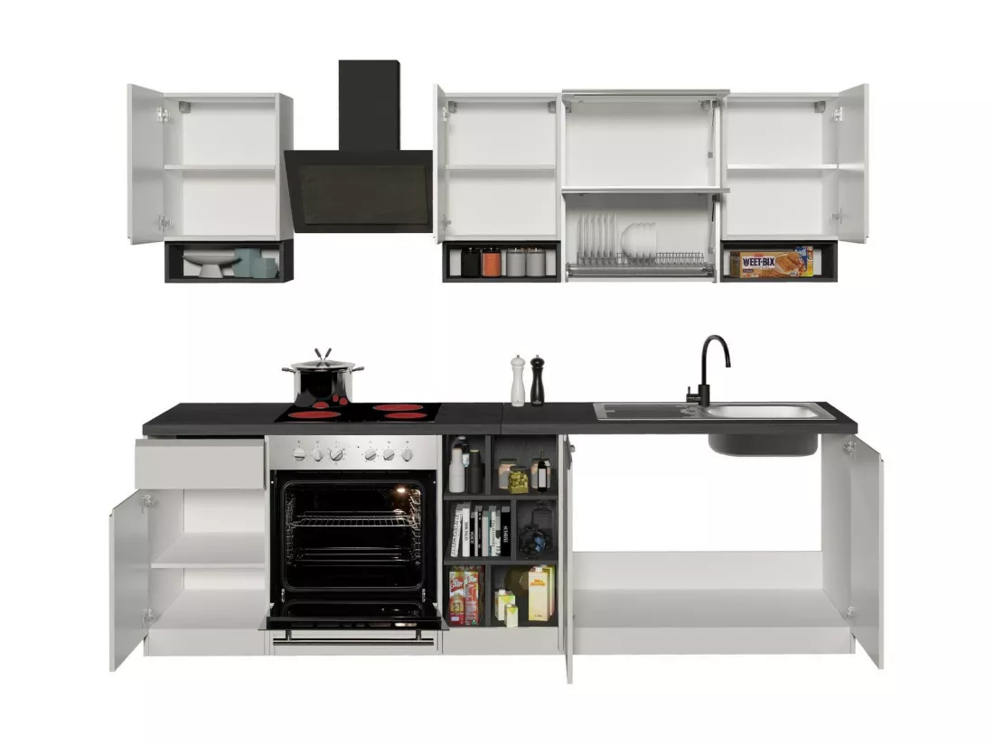 Cuisine complète Dceccaron, Ensemble avec garde-manger, Meuble de kitchenette, Kit bloc linéaire, 100% Made in Italy, 255x60h85 cm, Blanc brillant et ardoise
