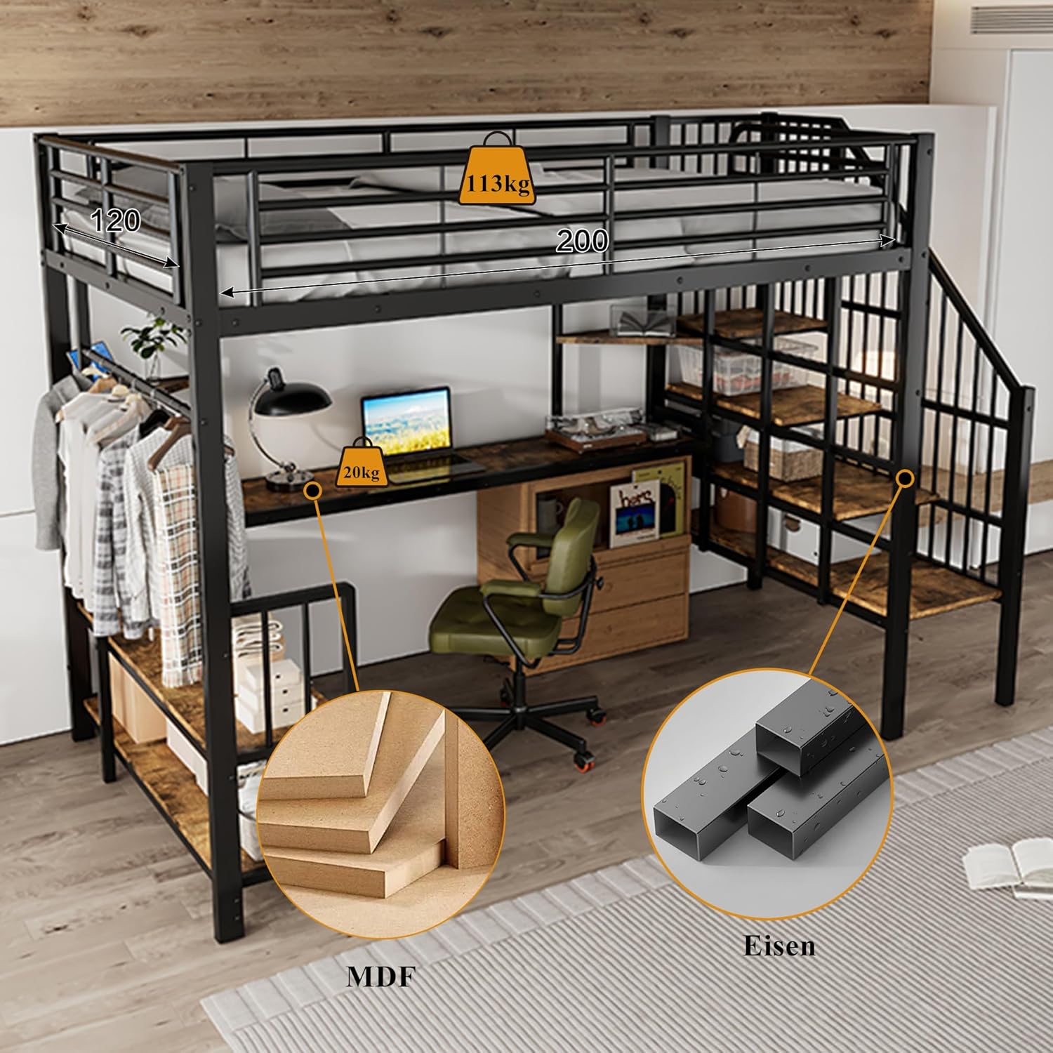HESHU Metallbett Hochbett 120x200cm mit Schreibtisch und Ablageregal, Eisenbett Etagenbett mit offenem Kleiderschrank mit Hängebereich, Ecktreppe, Eisen + MDF, Schwarz+dunkle