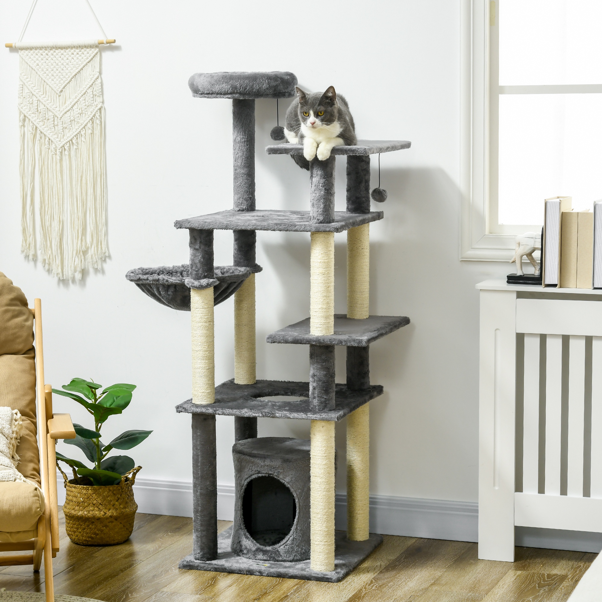 Árvore para Gatos PawHut Grande de 144cm, Torre para Gatos de Interior com Postes para Arranhar, Cama, Caverna, Plataformas e Bolas Penduradas, 49x49x144cm, Cinza