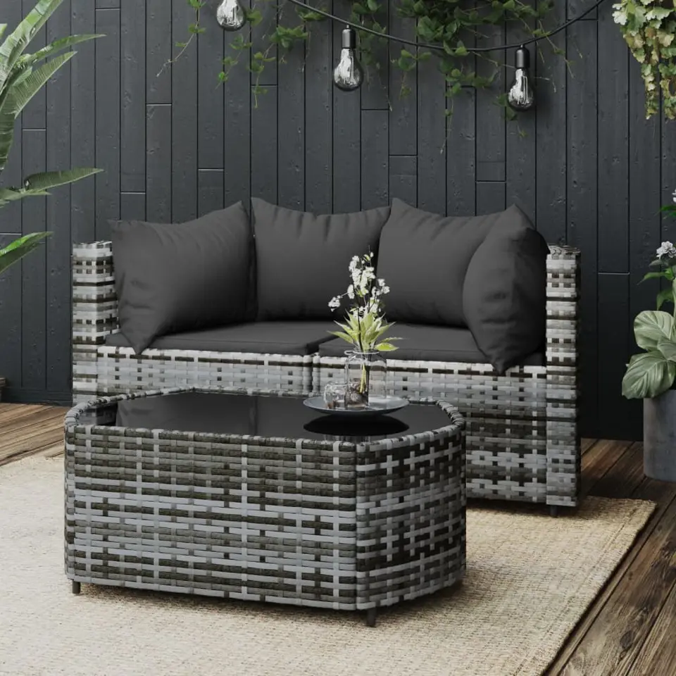 vidaXL - Loungeset - Grijs - Poly rattan - 3 stuks - Met kussens