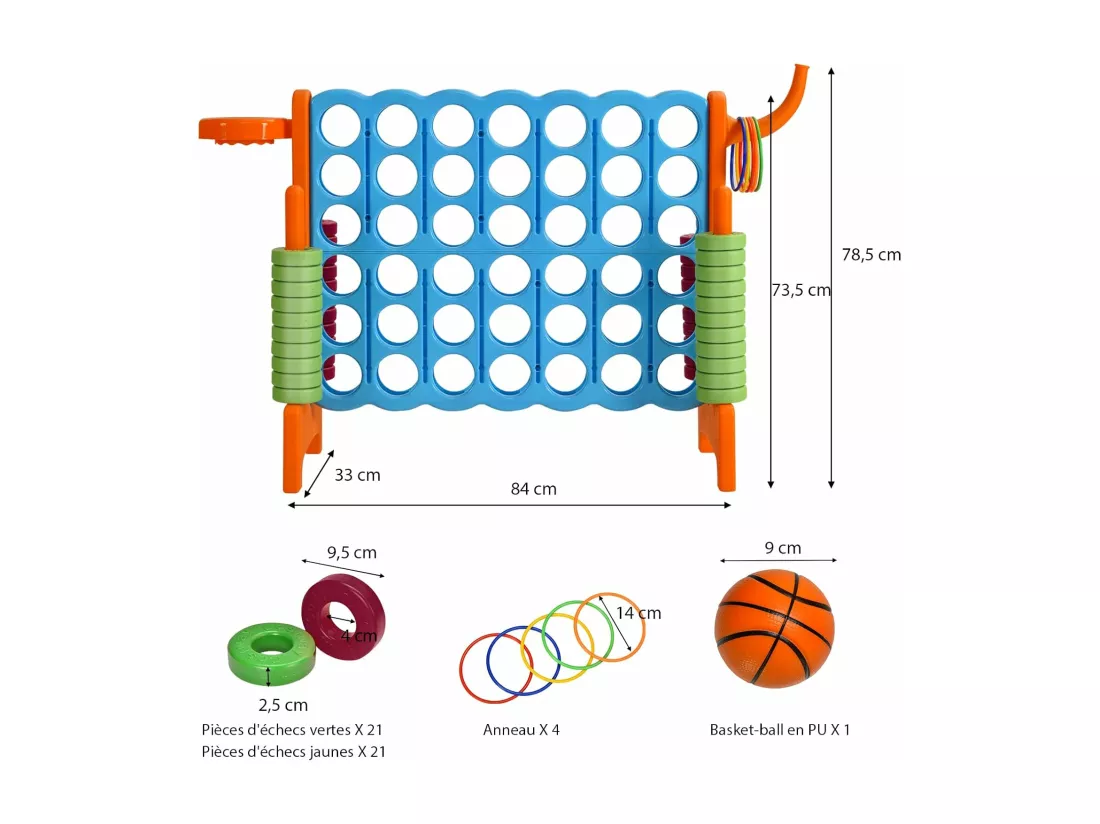 Jeux Puissance 4 Géant 3 en 1 avec Panier de Basket-ball 2 Leviers à Dégagement au Côté 42 Anneaux pour Enfants Orange