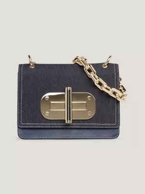 Bolsa de ombro em jeans com fecho giratório